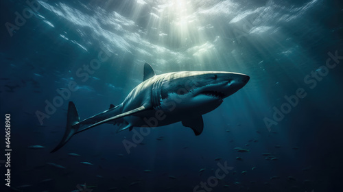 Huge white shark in blue ocean swims under water. Sharks in wild. Marine life underwater in blue ocean. © Matthew
