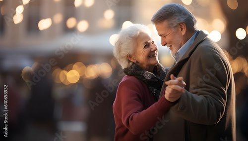 Elderly couple dancing joyfully in the street