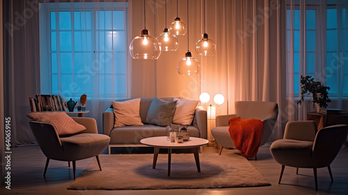 Interior of light living room with lamps. Idea for interior design. Generative Ai