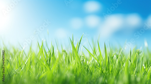 Fresh green grass and bright blue sky banner morning sunlight. Beautiful nature closeup field landscape with Abstract panoramic natural plants  spring summer bright botany meadow grass banner