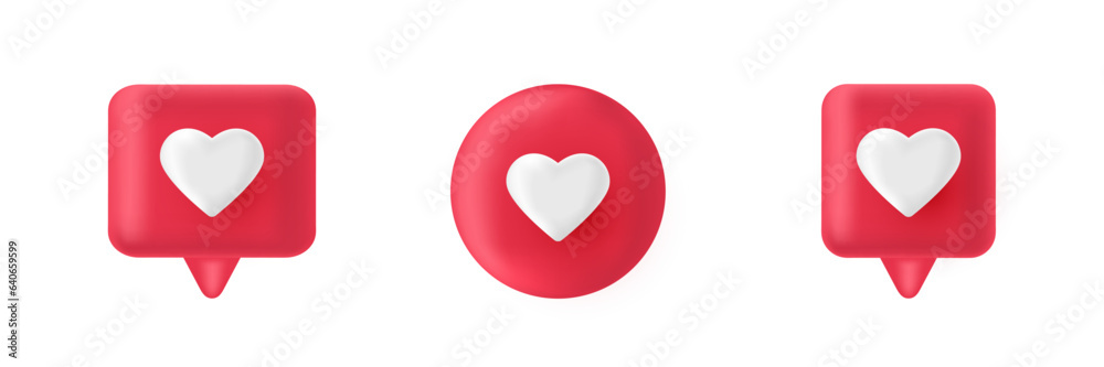 3d render red like icon set. Social media bubble with heart. Pink comment button. Love element. Notification label. Emoji reaction. Share tag. Notice people. Chat speech balloon. Vector illustration