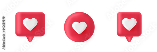 3d render red like icon set. Social media bubble with heart. Pink comment button. Love element. Notification label. Emoji reaction. Share tag. Notice people. Chat speech balloon. Vector illustration