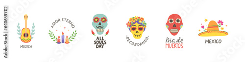 Day of the Dead cards set. Dia de Muertos hand lettering with skull print. Mexico icon with sombrero and flowers. Mariachi logo. Mexican party. All souls day poster. Amor eterno. Vector illustration