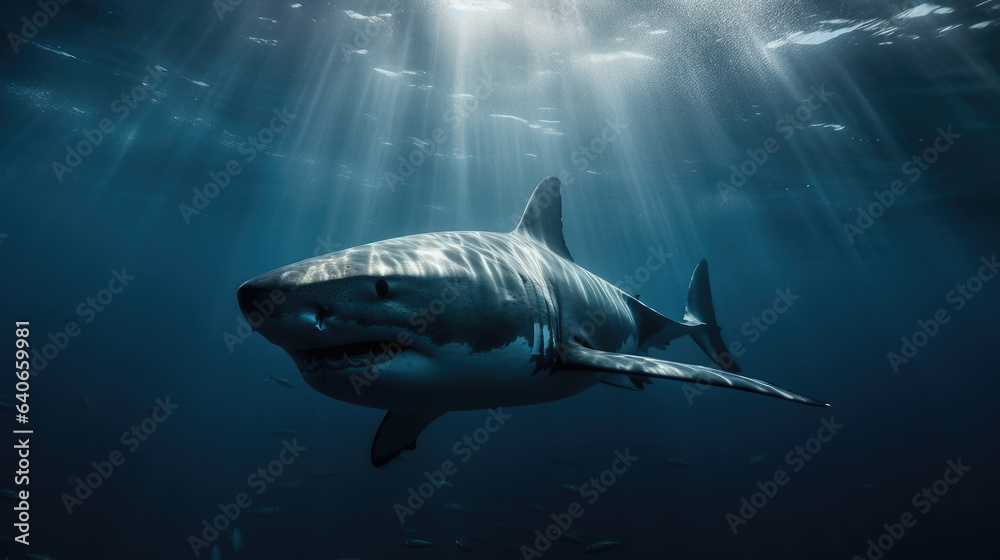 Huge white shark in blue ocean swims under water. Sharks in wild. Marine life underwater in blue ocean.