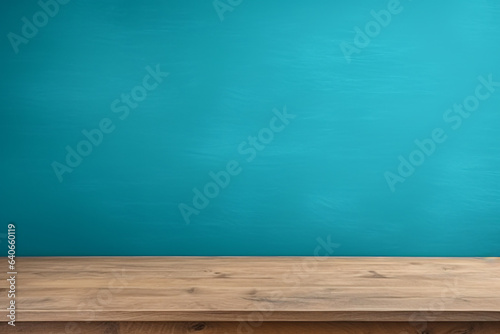 Empty wooden table for product placement with Aquamarine color wall background