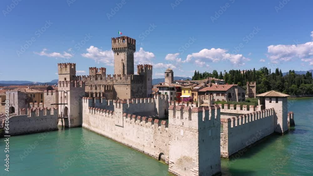 Sirmione drone view. Scaliger Castle of the city of Sirmione 4K video on drone.
Moving forward to the castle