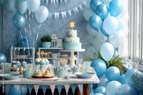 A children's birthday party table with cakes, cupcakes, garlands and balloons. All party decorations are blue. photo
