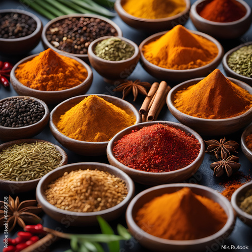 cooking spices and herbs in pots, on a table, closeup