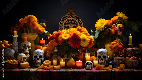 An intricately decorated ofrenda (altar) comes to life with an array of marigolds, candles, and sugar skulls. The high-detail photography captures the vivid colors and the delicate handcrafted details photo