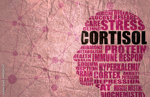 Illustration of a human head textured by words. Cortisol relative tags or keywords cloud photo