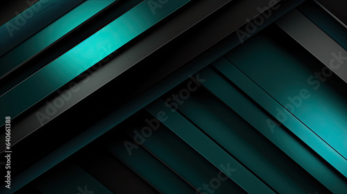 Black teal green blue abstract modern background for design. Dark. Geometric shape. 3d effect. Diagonal lines, stripes. Gradient. Light, glow. Metallic sheen. Minimal. Web banner. Wide.(generative AI)