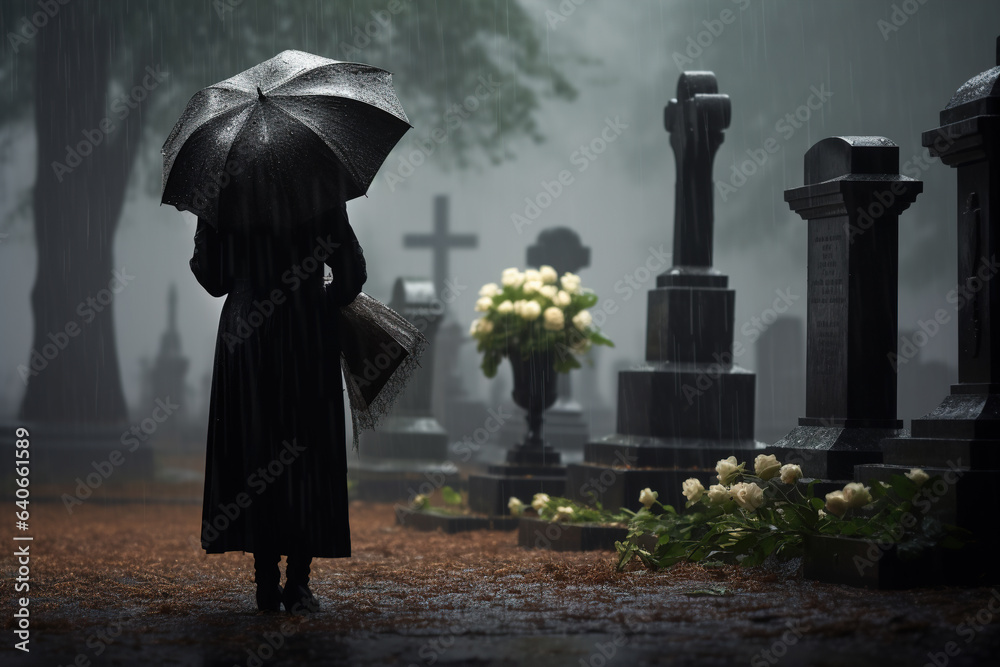 Senior woman With Flowers Standing By Grave on cemetery in the pouring rain with umbrella - obrazy, fototapety, plakaty 