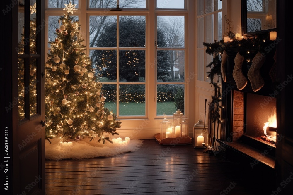 View through open door to cozy living room in country house with fireplace and big Christmas tree. View through open door to cozy living room in country house with fireplace and big Christmas tree.