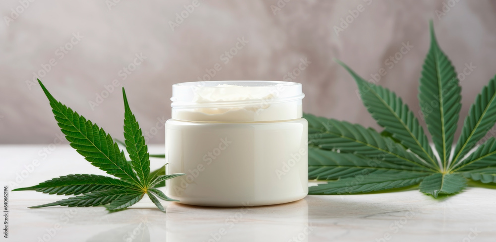 Banner with white cream jar open on marble table with green cannabis leaves Banner with white cream jar open on marble table with green cannabis leaves