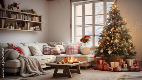 Cozy living toom interior with large windows and a fireplace, winter christmas setting