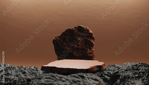 Mars rock group copper and black arid platform podium surface texture rough masculine men male concept raw stone stand advertisement display product backdrop mountain rock 3D Illustration vector .
