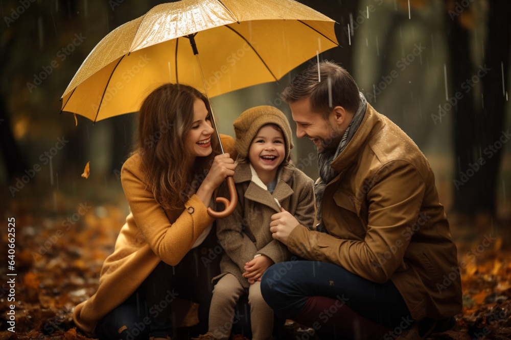 Happy family under umbrella in a rainy day. Outdoor portrait. AI generated - obrazy, fototapety, plakaty 