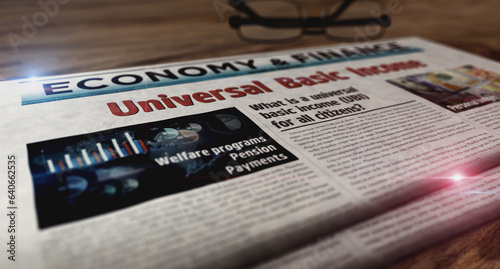 Universal basic income analysis technology newspaper on table