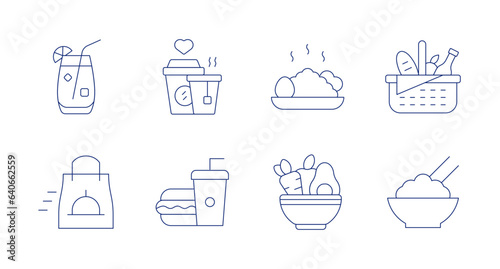 Food icons. editable stroke. Containing cocktail, drinks, fast delivery, fast food, fried rice, healthy food, picnic, rice bowl.