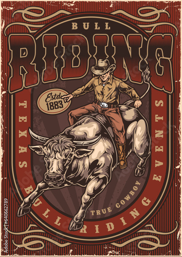 Bull rider colorful vintage flyer