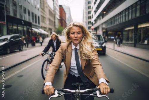 Cycling commuter - a young beautiful blonde american woman riding a bicycle on a road in a city street. blurry city in the background.