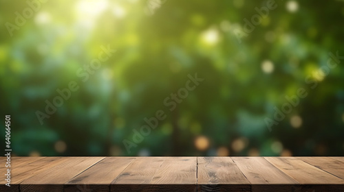 wooden table and tree blurred background