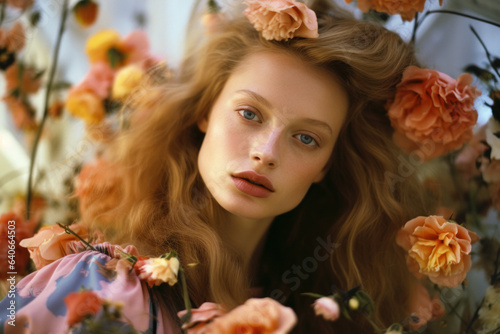 portrait of a woman/model/book character surrounded by flowers in warm daylight with a thoughtful expression in a fashion/beauty editorial magazine style film photography look - generative ai art