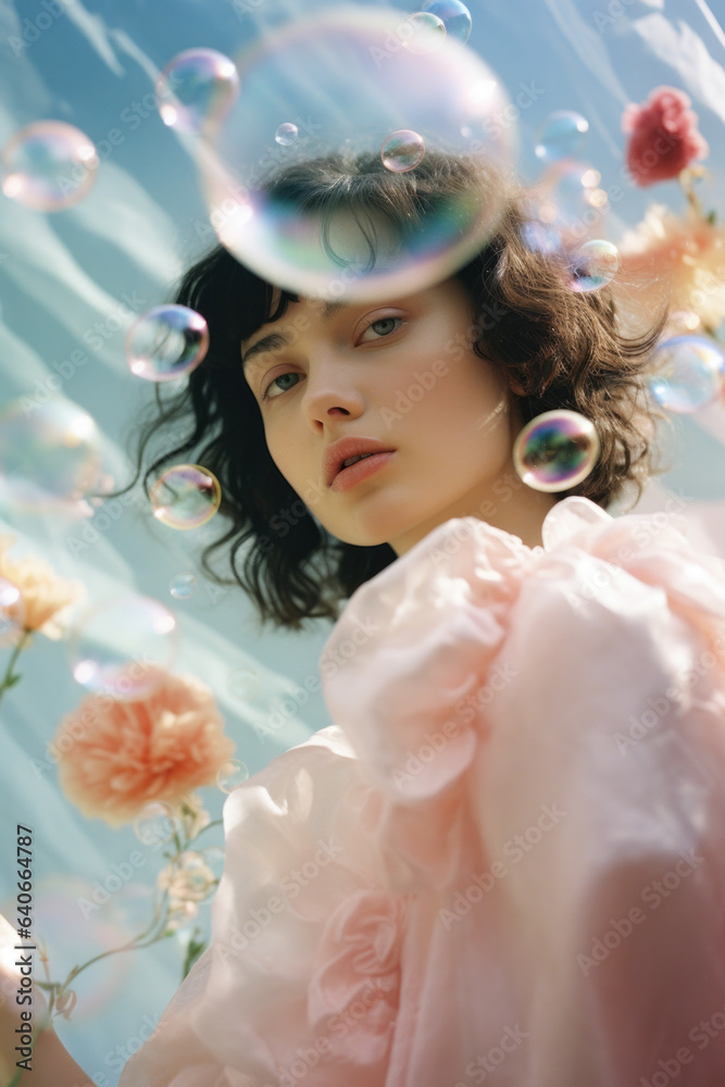 portrait of a woman/model/book character surrounded by soap bubbles ethereal setting in a fashion/beauty editorial magazine style film photography look - generative ai art portrait of a woman/model/book character surrounded by soap bubbles ethereal setting in a fashion/beauty editorial magazine style film photography look - generative ai art