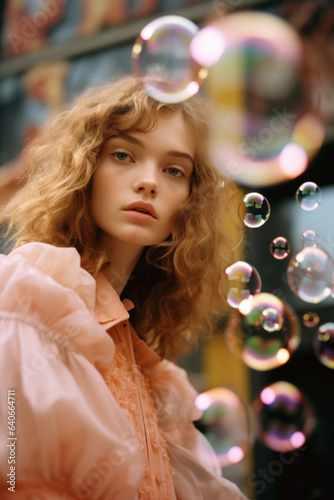 portrait of a woman/model/book character surrounded by soap bubbles ethereal setting in a fashion/beauty editorial magazine style film photography look - generative ai art