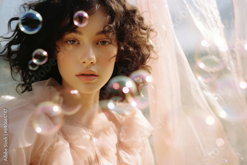 portrait of a woman/model/book character surrounded by soap bubbles ethereal setting in a fashion/beauty editorial magazine style film photography look - generative ai art