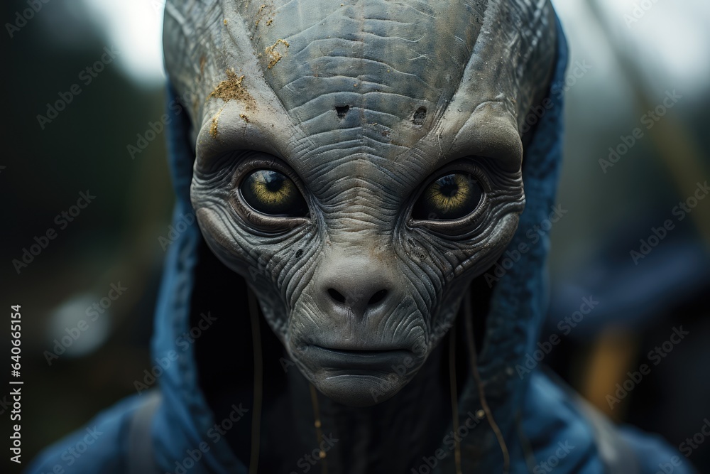 Remarkably Realistic Alien Face, Inviting You to Explore the Boundaries of Imagination and Embrace the Enigmatic Allure of Extraterrestrial Aesthetics. 