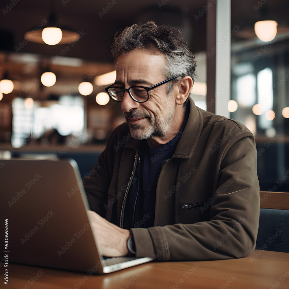 Middle aged man with glasses working at a laptop in a cafe Middle aged man with glasses working at a laptop in a cafe