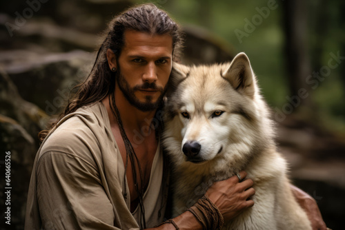 Muscular man in a forest holding a beautiful young white wolf in his arms