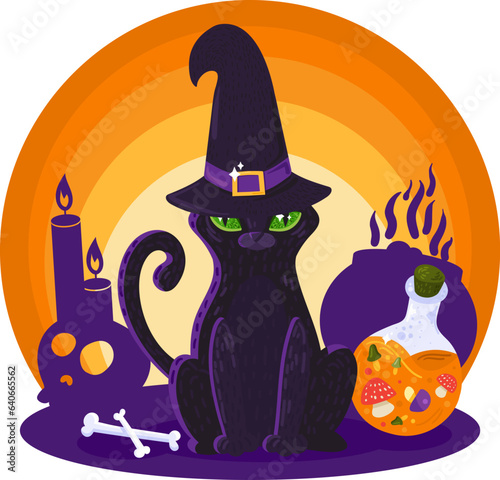 Halloween Cat Glowing Yellow Eyes In Sorceress Hat