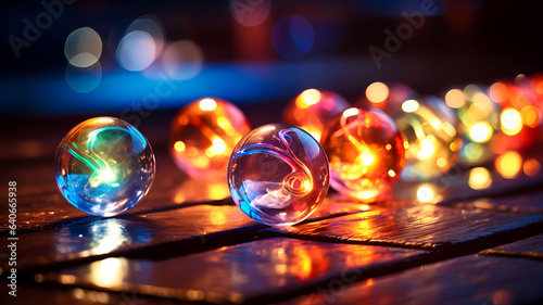 Glistening Glass Balls on wooden deck 