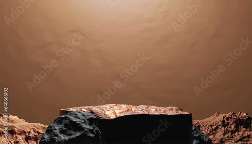 Mars rock group copper and black arid platform podium surface texture rough masculine men male concept raw stone stand advertisement display product backdrop mountain rock 3D Illustration vector .
