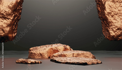 Mars rock group copper and black arid platform podium surface texture rough masculine men male concept raw stone stand advertisement display product backdrop mountain rock 3D Illustration vector .
