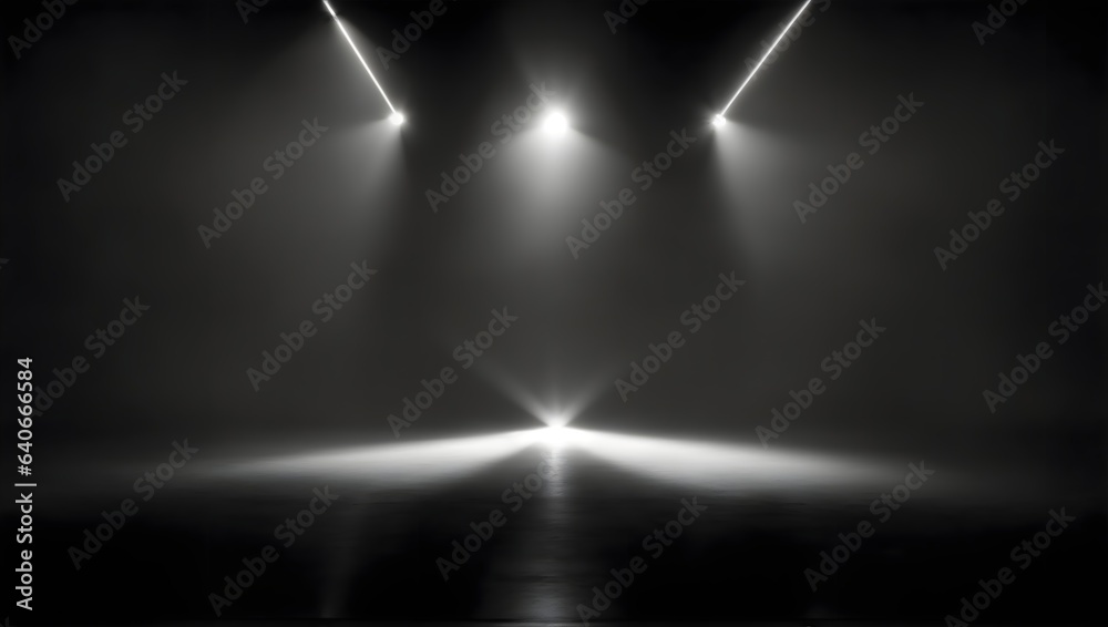 Empty Black Stage Illuminated by Overhead and Underneath Focused Spotlights