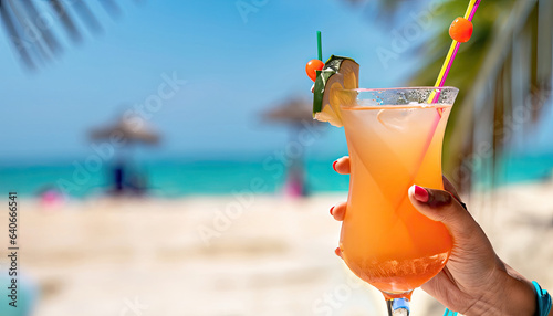 Girl hand lifting cocktail in the tropical beach background blured with the coconut. Copy space the in beach and sand