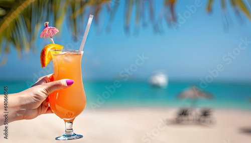Hand of the Girl lifting cocktail, tropical beach background blured with the coconut leaves. Copy space in the beach and blue sky