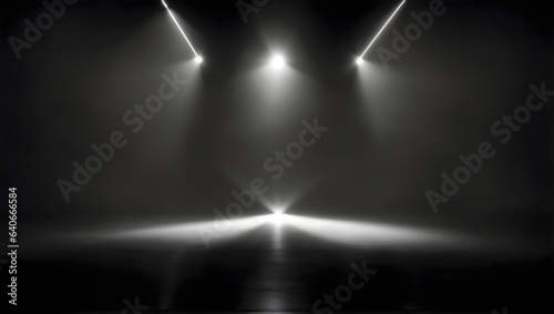 Fototapeta Naklejka Na Ścianę i Meble -  Empty Black Stage Illuminated by Overhead and Underneath Focused Spotlights