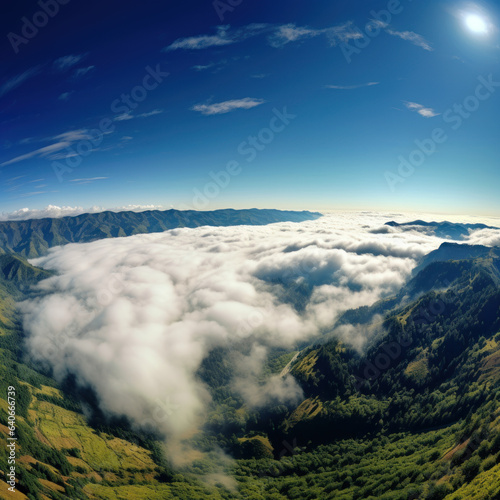 A valley of clouds floating in the sky tilt-shift  