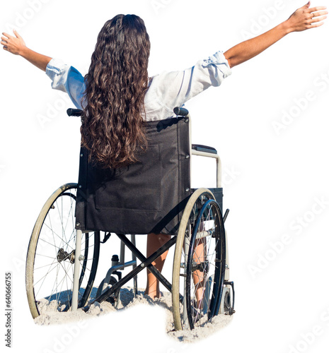Digital png photo of caucasian woman with arms wide in wheelchair on transparent background
