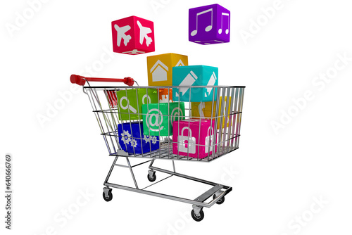 Digital png illustration of shopping cart with media icons blocks on transparent background