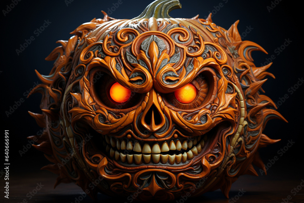 Halloween pumpkin head jack o lantern on dark background, closeup