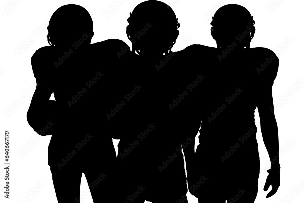 Digital png silhouette illustration of male american football players on transparent background
