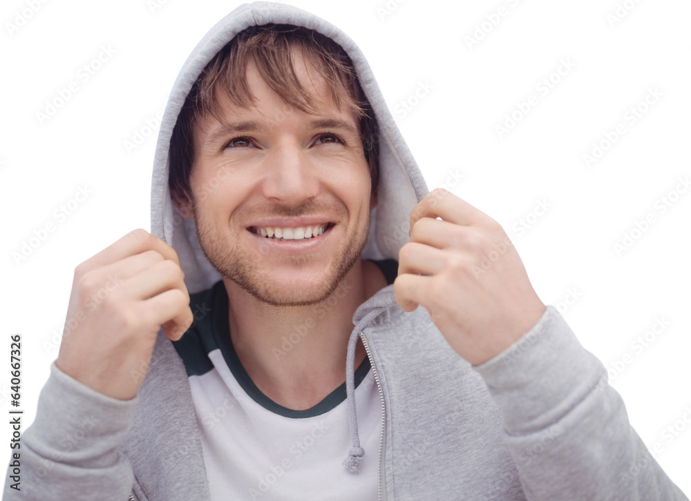 Digital png photo of smiling caucasian man in hoodie on transparent background Digital png photo of smiling caucasian man in hoodie on transparent background