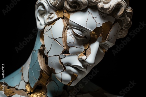 A Broken Face Sculpture Adorned with Intricate Gold Motifs, Embodiment of Artistic Evolution Through Damage and Beauty.