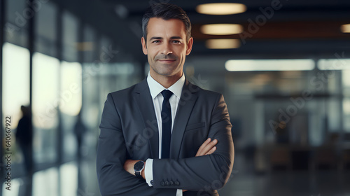 Portrait of a successful male businessman, banker, financial director sitting in the office at the table and using a laptop. Looking and smiling at the camera
 photo