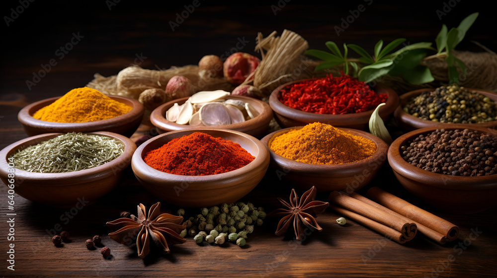 Hot spices for cooking health benefits on wooden background Hot spices for cooking health benefits on wooden background
